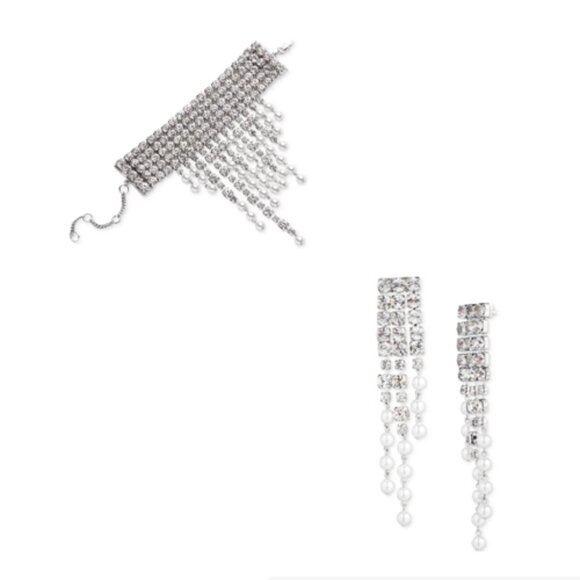 Givenchy Silver-Tone Crystal & Imitation Pearl Fringe Bracelet & Drop Earrings - Picture 1 of 4